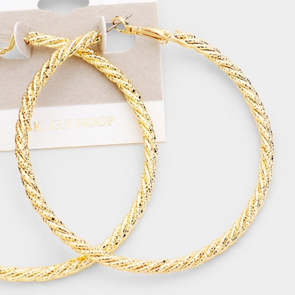 Twisted 14K Gold Metal 2.6" Hoop Earrings Textured Round Casual Everyday Jewelry - Picture 2 of 2